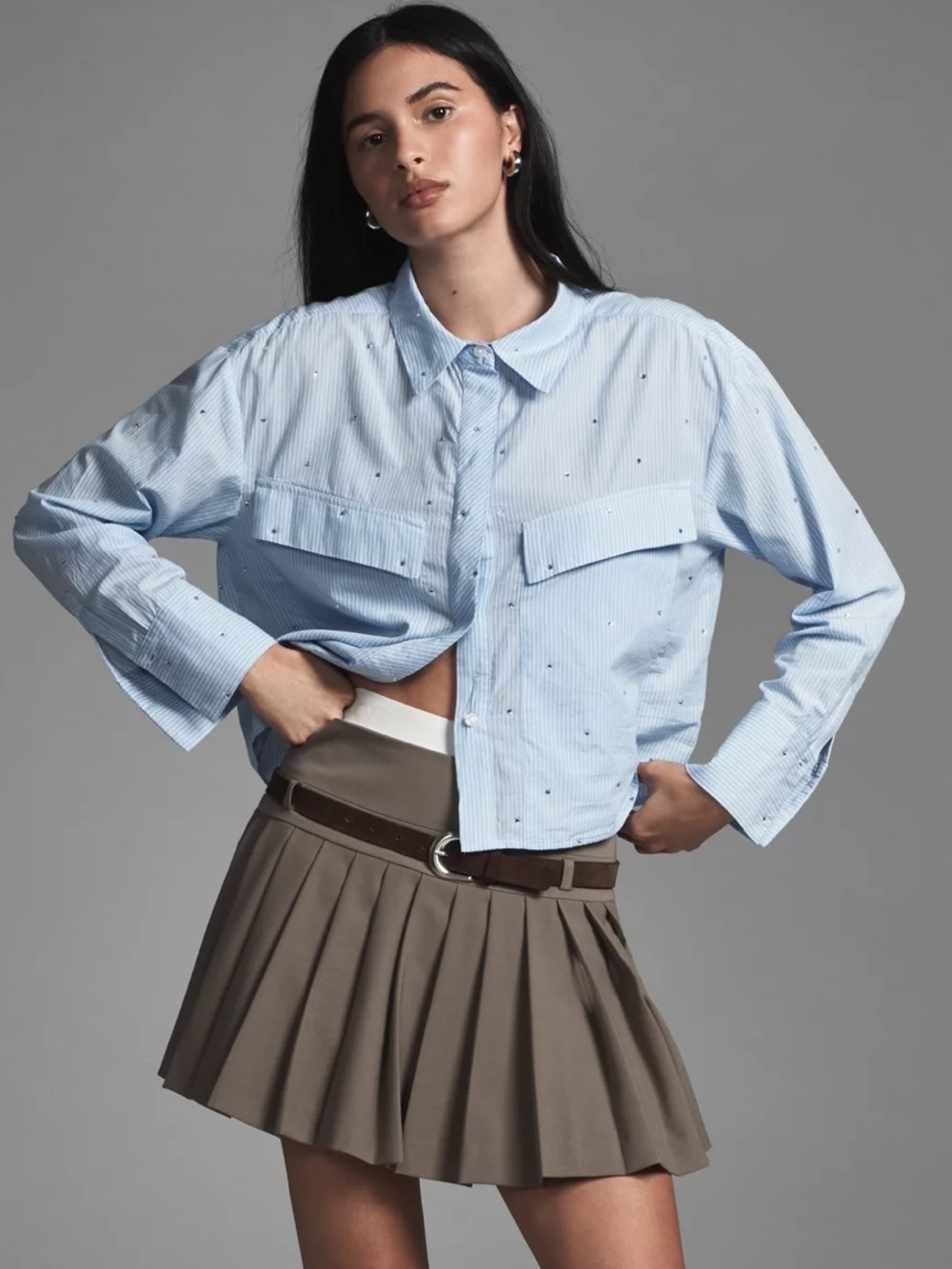 Anthropologie Maeve‎ Patch Pocket Cropped Button down shirt Size Medium